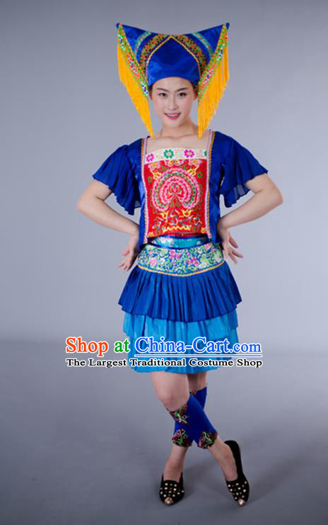 China Tujia Minority Blue Short Dress Guangxi Nationality Folk Dance Clothing Zhuang Ethnic Performance Outfits