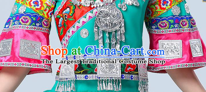 China Miao Nationality Folk Dance Clothing Hmong Ethnic Performance Outfits Yunnan Minority Green Short Dress