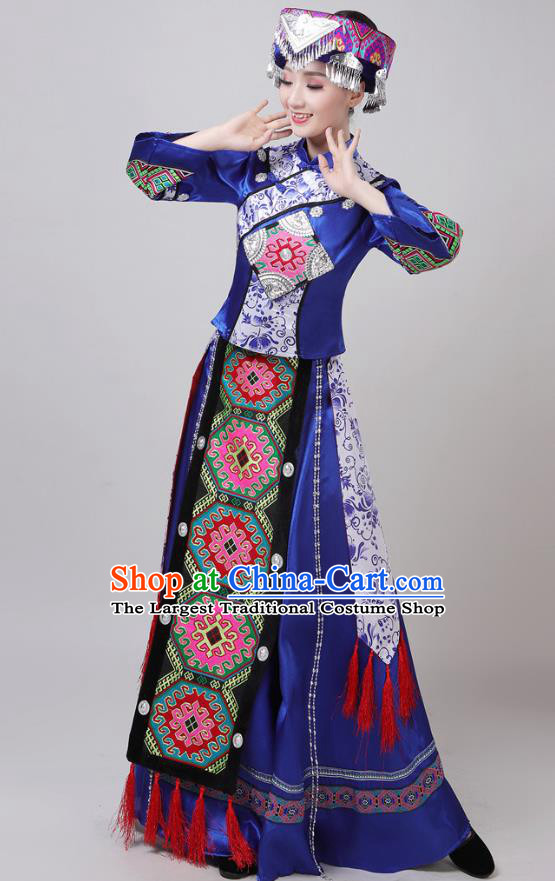 China Tujia Nationality Folk Dance Clothing Yunnan Ethnic Performance Outfits Yao Minority Woman Royalblue Dress