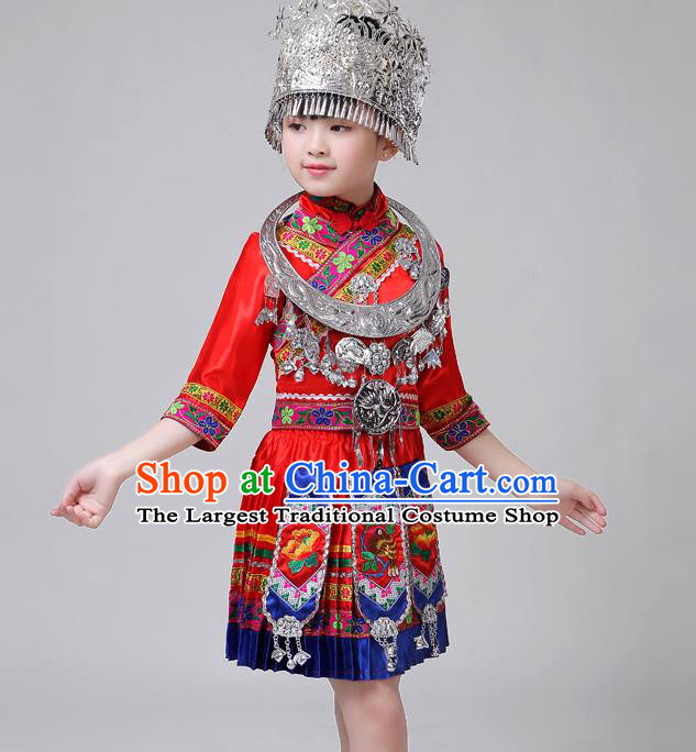 Chinese Yi Ethnic Folk Dance Red Short Dress Outfits Zhuang Nationality Girl Costumes
