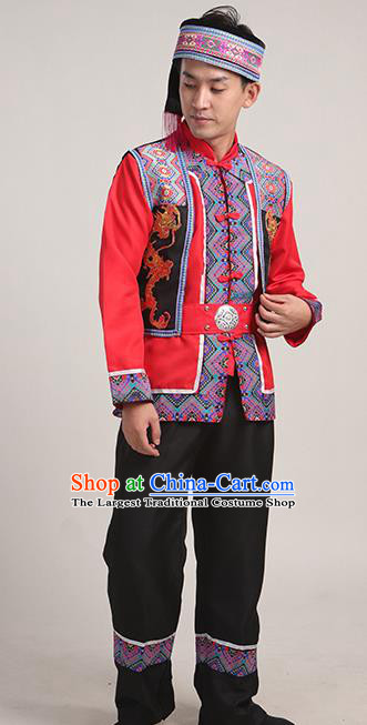 Chinese Yao Ethnic Stage Performance Outfits Guangxi Zhuang Nationality Festival Costumes and Headwear for Men