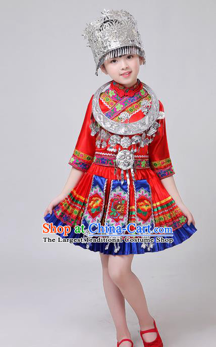 Chinese Yi Ethnic Folk Dance Red Short Dress Outfits Zhuang Nationality Girl Costumes