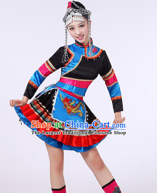 China She Nationality Folk Dance Clothing Yunnan Ethnic Performance Outfits Yao Minority Dress and Hair Accessories