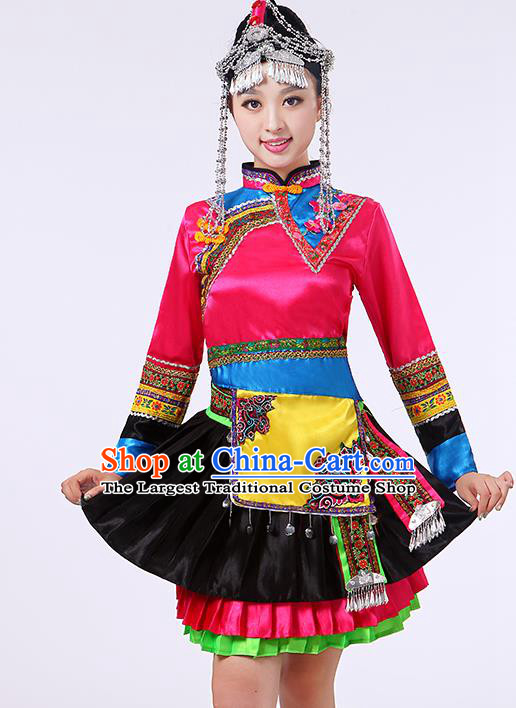 China Yao Minority Rosy Dress She Nationality Folk Dance Clothing Yunnan Ethnic Performance Outfits and Headpieces