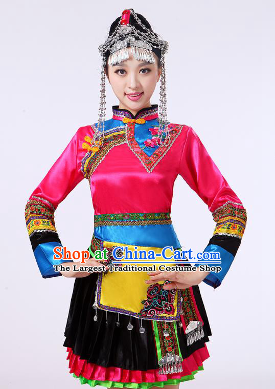 China Yao Minority Rosy Dress She Nationality Folk Dance Clothing Yunnan Ethnic Performance Outfits and Headpieces