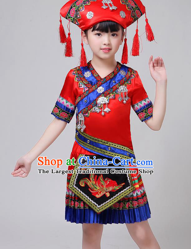 Chinese Yi Nationality Girl Festival Costumes Tujia Ethnic Stage Performance Red Short Dress Outfits