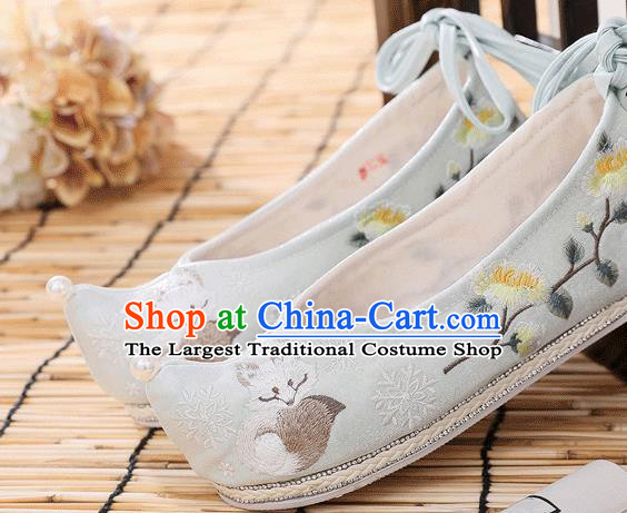 China Traditional Fan Dance Shoes Embroidered Fox Shoes Handmade National Light Blue Cloth Shoes