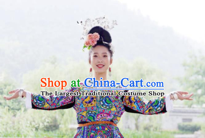 China Xiangxi Minority Folk Dance Outfits Ethnic Female Performance Dress Tujia Nationality Clothing and Hair Accessories
