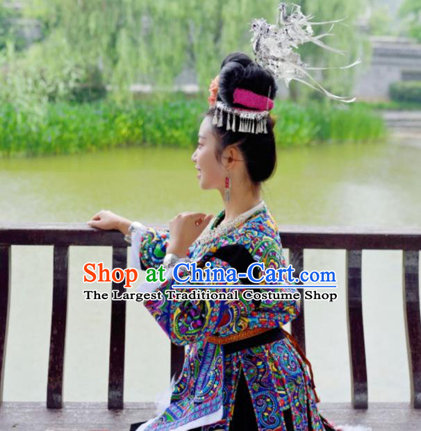 China Xiangxi Minority Folk Dance Outfits Ethnic Female Performance Dress Tujia Nationality Clothing and Hair Accessories
