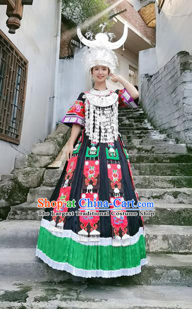 China Miao Nationality Performance Clothing Xiangxi Minority Dance Costumes Hmong Ethnic Woman Black Dress and Headwear