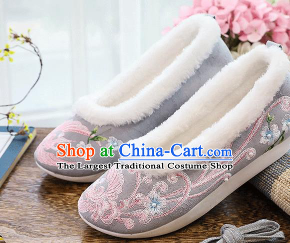 China Folk Dance Shoes National Woman Winter Shoes Traditional Embroidered Pearls Grey Cloth Shoes