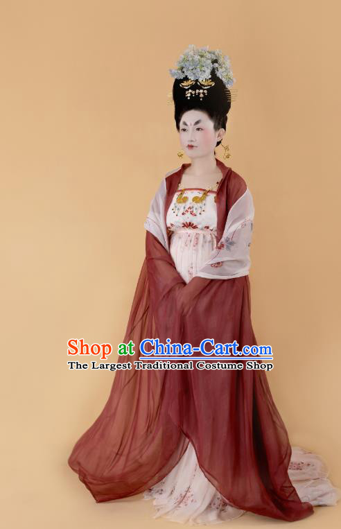 China Traditional Ancient Court Beauty Hanfu Dress Tang Dynasty Imperial Concubine Historical Clothing and Headdress Full Set