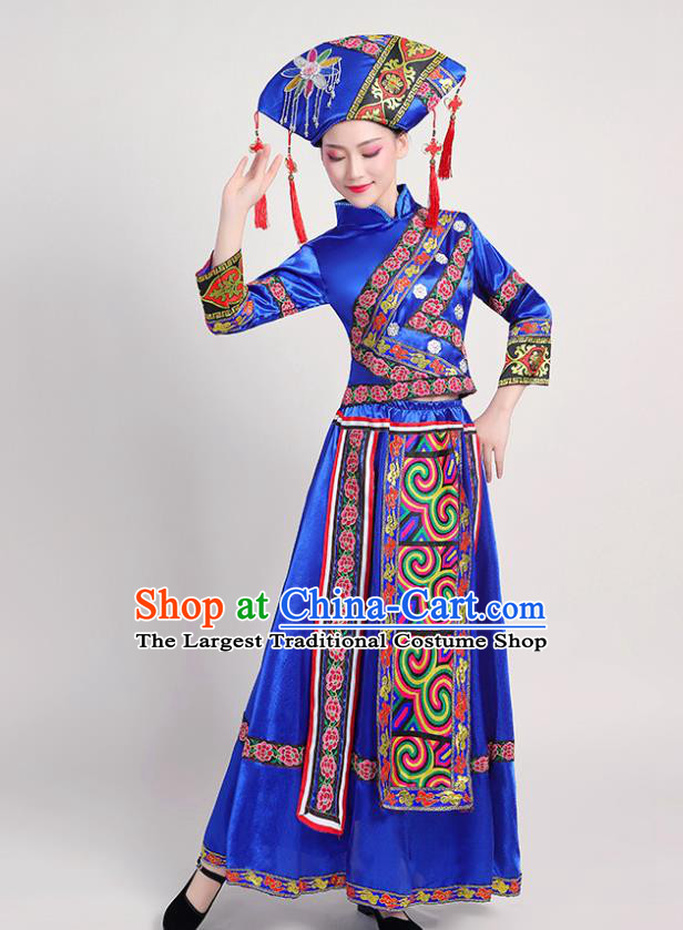 China Minority Folk Dance Royalblue Dress Zhuang Nationality Clothing Guangxi Ethnic Performance Outfits and Hat