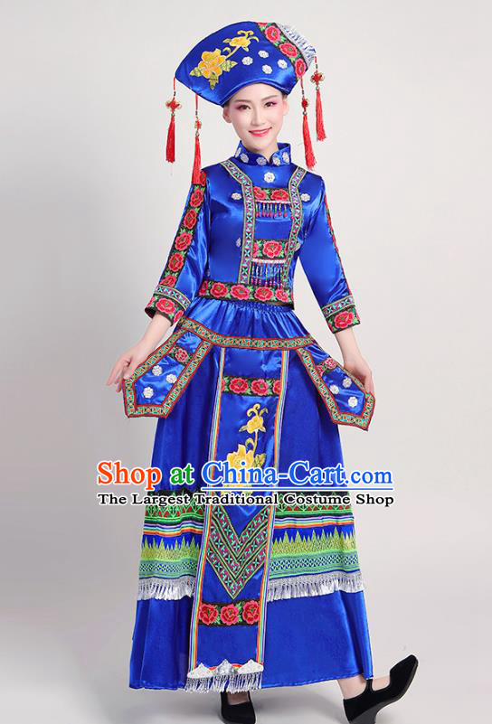 China Yunnan Ethnic Performance Royalblue Outfits Yao Minority Folk Dance Dress Zhuang Nationality Clothing and Headwear
