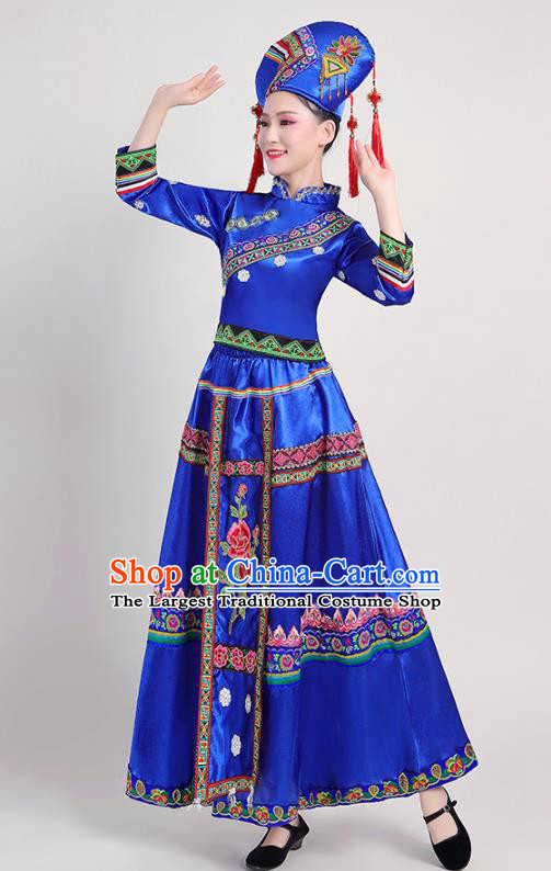 China Zhuang Nationality Female Clothing Guangxi Ethnic Performance Royalblue Outfits Minority Folk Dance Dress and Headdress