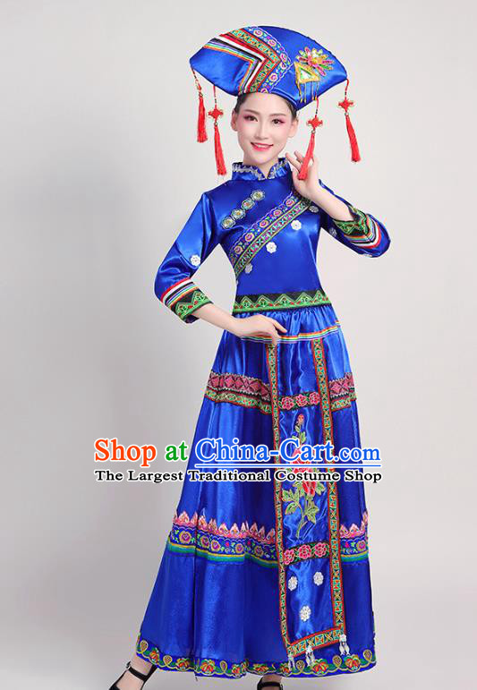 China Zhuang Nationality Female Clothing Guangxi Ethnic Performance Royalblue Outfits Minority Folk Dance Dress and Headdress