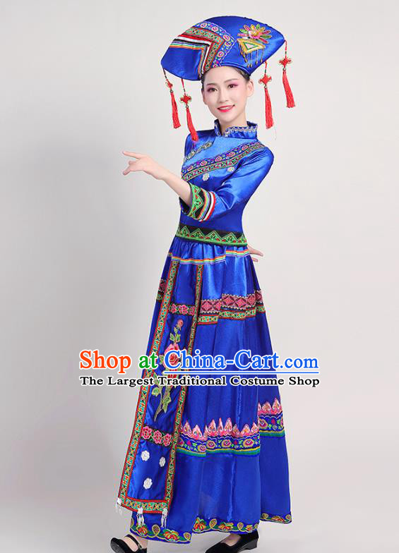 China Zhuang Nationality Female Clothing Guangxi Ethnic Performance Royalblue Outfits Minority Folk Dance Dress and Headdress