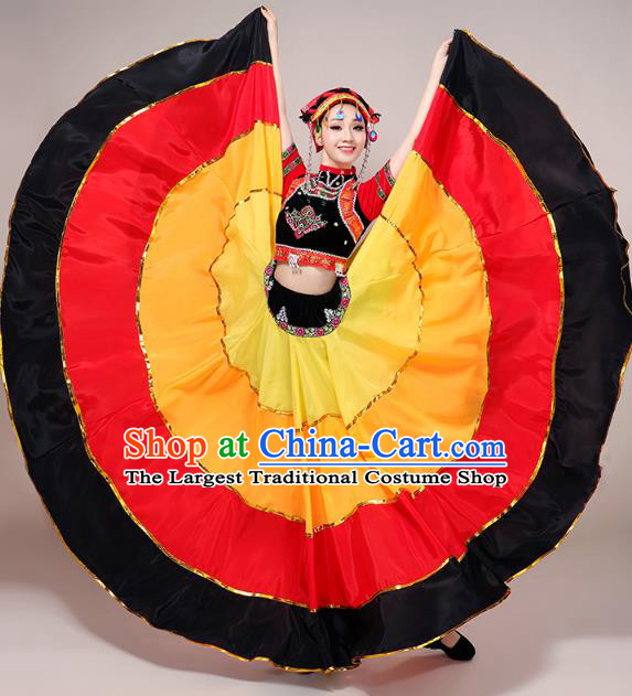China Guangxi Ethnic Performance Outfits Minority Torch Festival Dress Yi Nationality Folk Dance Costumes and Headwear