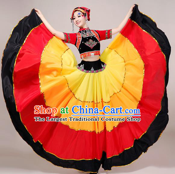 China Guangxi Ethnic Performance Outfits Minority Torch Festival Dress Yi Nationality Folk Dance Costumes and Headwear