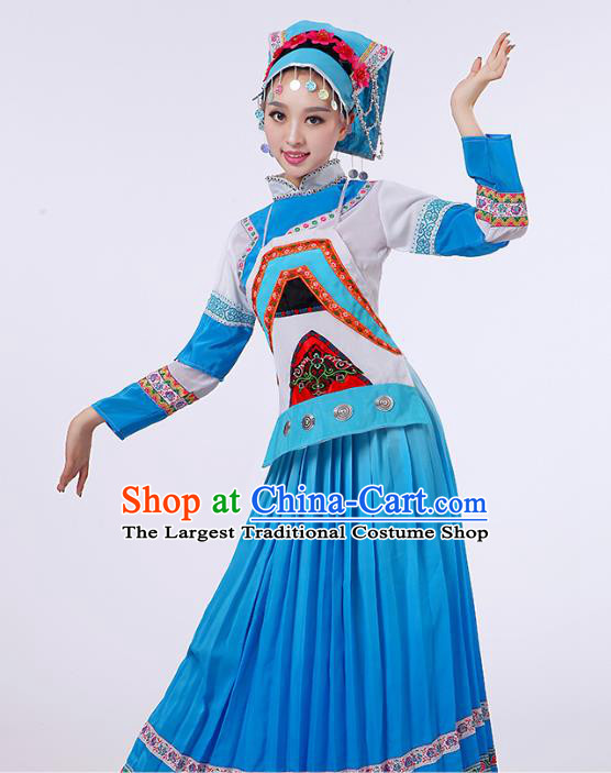 China Guizhou Ethnic Performance Outfits Puyi Minority Blue Dress Bouyei Nationality Folk Dance Clothing and Hat