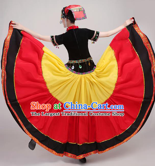 China Yi Minority Torch Festival Dress Guangxi Ethnic Performance Outfits Traditional Nationality Folk Dance Costumes and Headwear