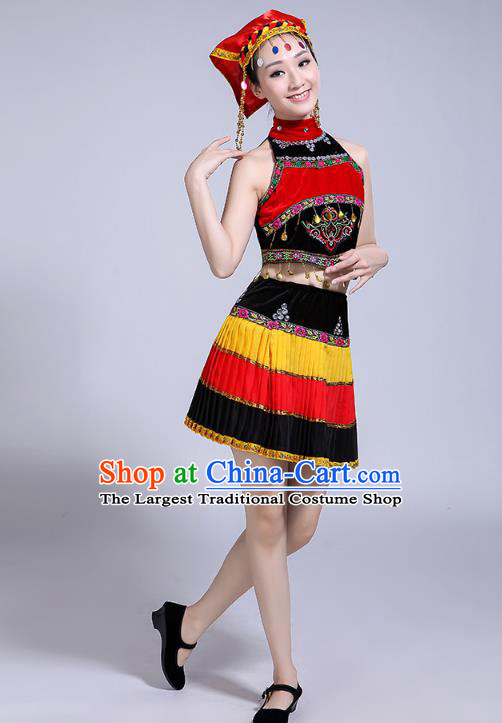 China Li Nationality Folk Dance Costumes Yi Minority Torch Festival Dress Traditional Ethnic Performance Outfits and Hat