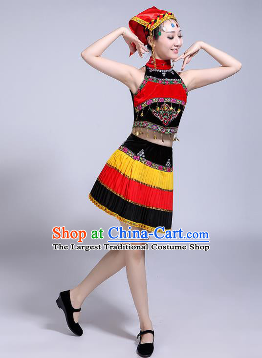 China Li Nationality Folk Dance Costumes Yi Minority Torch Festival Dress Traditional Ethnic Performance Outfits and Hat