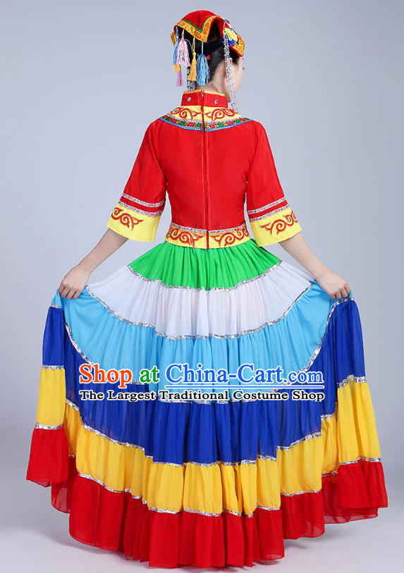 China Yi Nationality Folk Dance Costumes Traditional Minority Torch Festival Dress Liangshan Ethnic Clothing and Headpiece