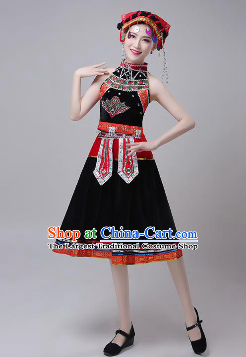 China Traditional Yao Nationality Folk Dance Costumes Yi Minority Ethnic Stage Performance Black Short Dress Outfits