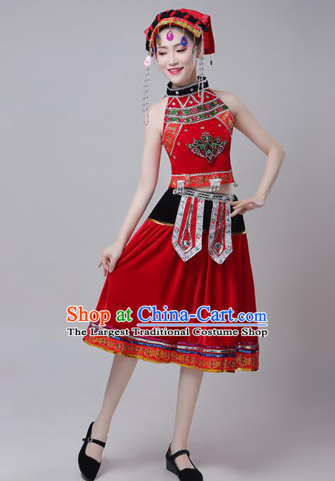 China Yi Minority Ethnic Stage Performance Red Short Dress Outfits Traditional Yao Nationality Folk Dance Costumes