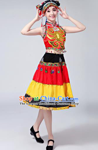 China Guizhou Minority Ethnic Stage Performance Dress Outfits Traditional Yi Nationality Folk Dance Clothing