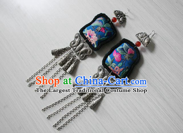 China National Guizhou Miao Silver Butterfly Tassel Earrings Traditional Cheongsam Embroidered Ear Jewelry