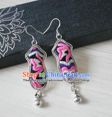 China Handmade Guizhou Ethnic Silver Embroidered Earrings Traditional Miao Nationality Folk Dance Ear Accessories