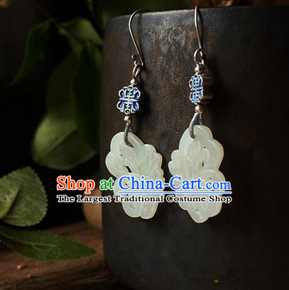 China Handmade National Blueing Silver Earrings Traditional Cheongsam Jade Butterfly Ear Jewelry