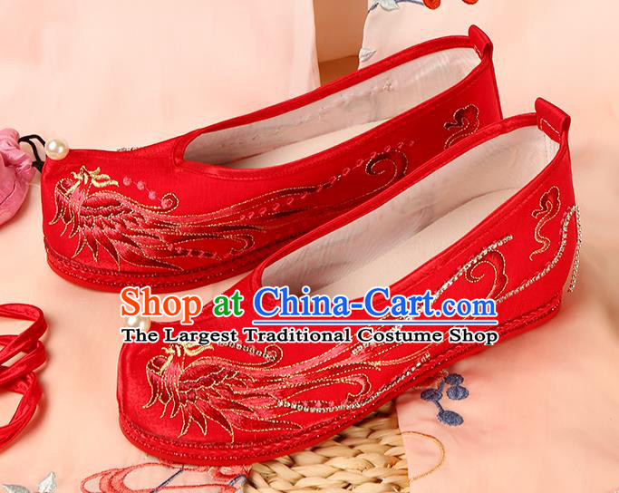 Handmade Chinese Traditional Hanfu Wedding Shoes Ming Dynasty Embroidered Phoenix Shoes Ancient Bride Red Shoes