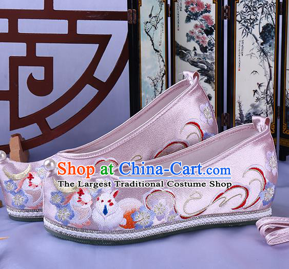 Chinese Ming Dynasty Embroidered Bow Shoes Ancient Princess Pink Satin Shoes Traditional Hanfu Shoes