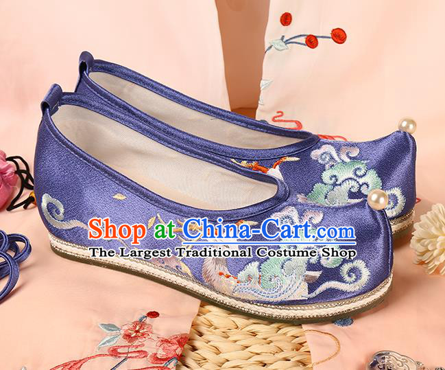 Chinese Ancient Ming Dynasty Princess Shoes Embroidered Deer Blue Satin Shoes Traditional Footwear Hanfu Shoes