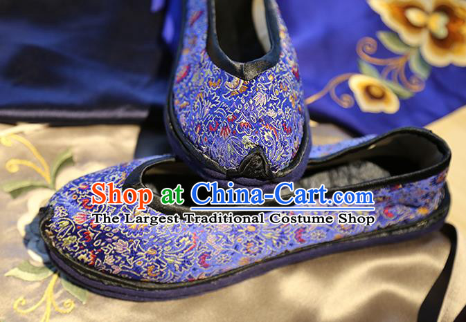 Chinese Classical Cockscomb Pattern Brocade Shoes Handmade Royalblue Shoes Traditional Yunnan Ethnic Wedding Shoes