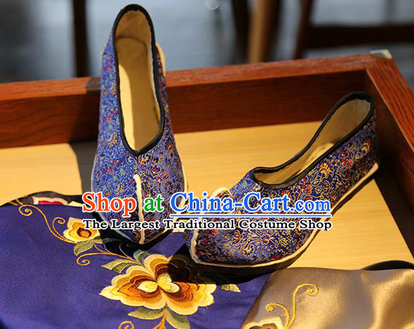 Chinese Handmade Classical Cockscomb Pattern Brocade Shoes Traditional Royalblue Dance Shoes