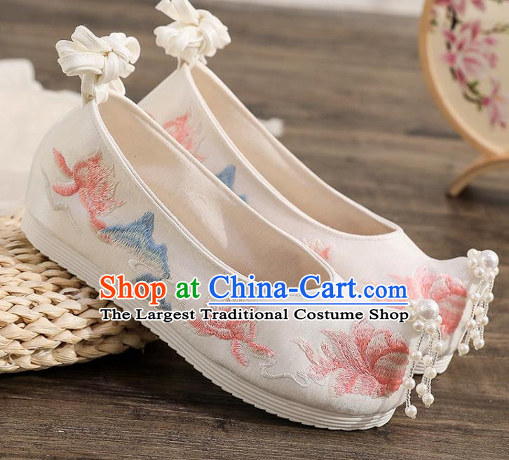 China Traditional Hanfu Beads Toe Shoes Ancient Ming Dynasty Embroidered Shoes Princess Shoes
