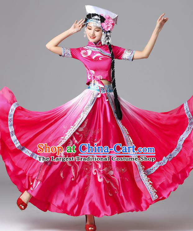 Chinese Yi Nationality Folk Dance Rosy Dress Outfits Ethnic Stage Performance Garment Clothing