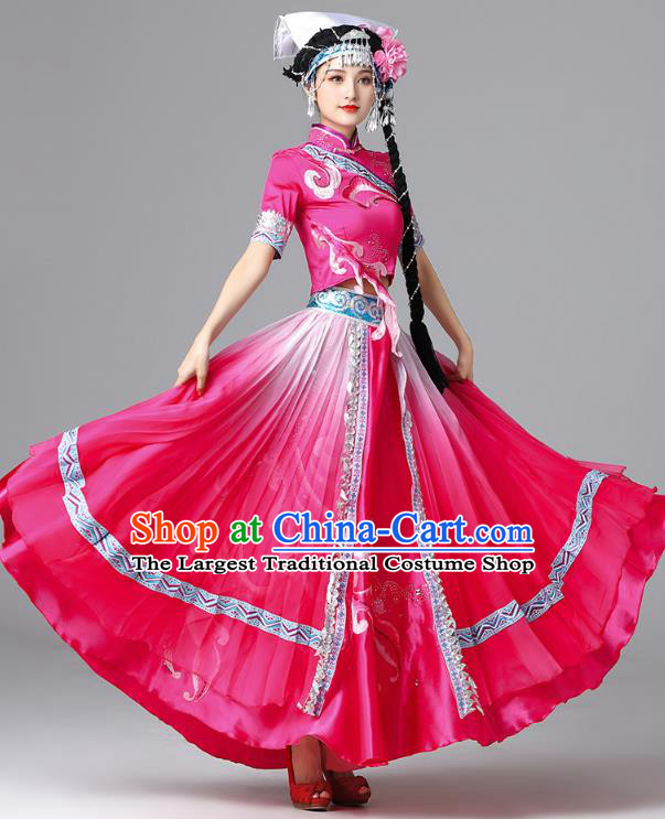 Chinese Yi Nationality Folk Dance Rosy Dress Outfits Ethnic Stage Performance Garment Clothing