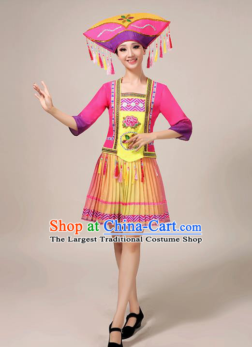 Chinese Zhuang Ethnic Folk Dance Garment Clothing Guangxi Nationality Stage Performance Rosy Short Dress Outfits