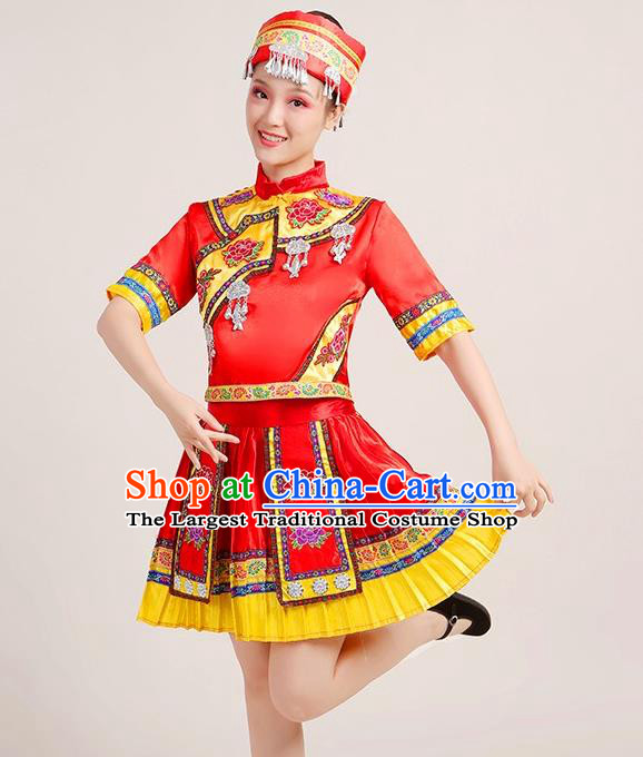Chinese Yi Nationality Folk Dance Short Dress Yao Minority Red Outfits Yunnan Ethnic Performance Garment Clothing