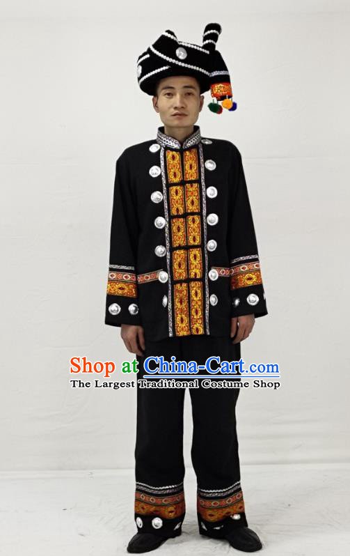 China Traditional Yi Nationality Performance Garment Costumes Ethnic Folk Dance Black Clothing and Headwear