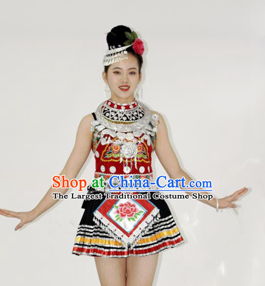 Chinese Tujia Minority Ethnic Short Dress Outfits Yi Nationality Stage Performance Garment Clothing and Hair Accessories