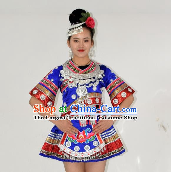 Chinese Miao Nationality Stage Performance Clothing Yi Minority Dance Royalblue Short Dress Outfits Ethnic Garment and Hair Accessories