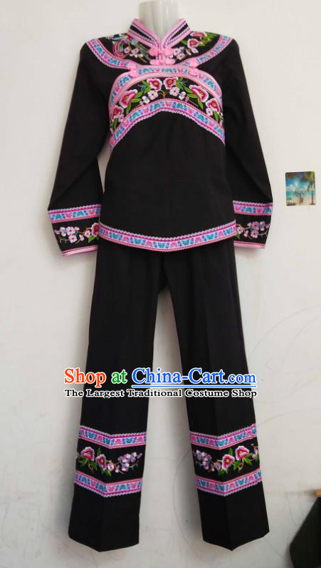 Chinese Traditional Bouyei Nationality Embroidered Black Blouse and Pants Suits Guizhou Ethnic Folk Dance Clothing