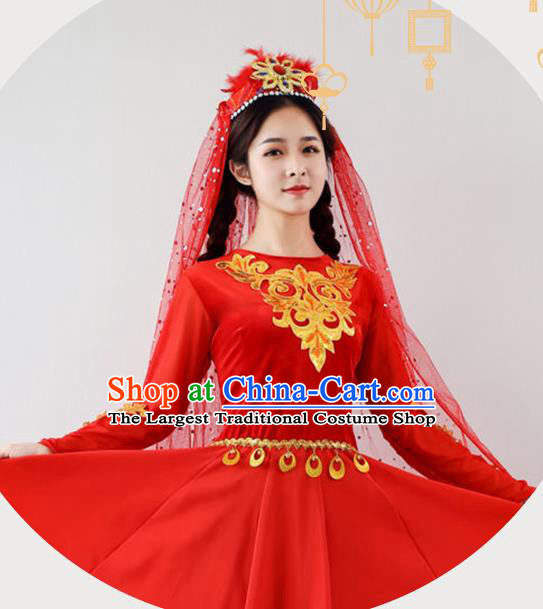 Chinese Traditional Uygur Nationality Garments Xinjiang Dance Red Dress Ethnic Folk Dance Clothing and Hat