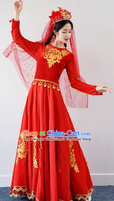 Chinese Traditional Uygur Nationality Garments Xinjiang Dance Red Dress Ethnic Folk Dance Clothing and Hat